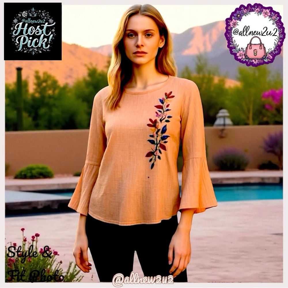 St. John’s Bay Pink Embroidered Boho Blouse Soft Pink Taupe Size Medium - Picture 1 of 13